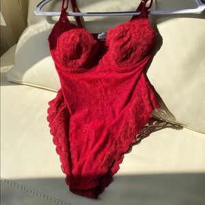 Delicate red lace Teddy G-string bodysuit by Arianne - made in Canada